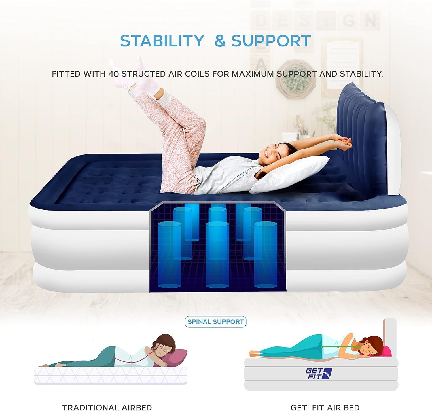 King Air Mattress with Electric Pump & Headboard – 152x203cm Inflatable