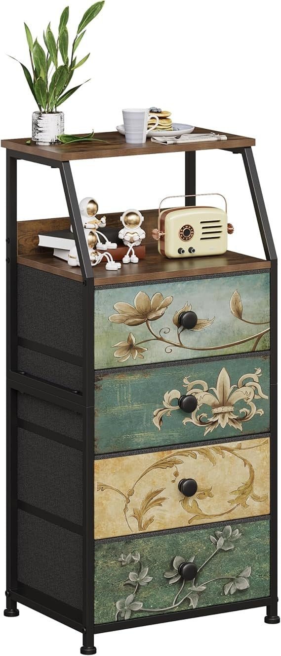 Vintage 4-Drawer Bedside Cabinet Chest with Shelves | Slim Storage Unit