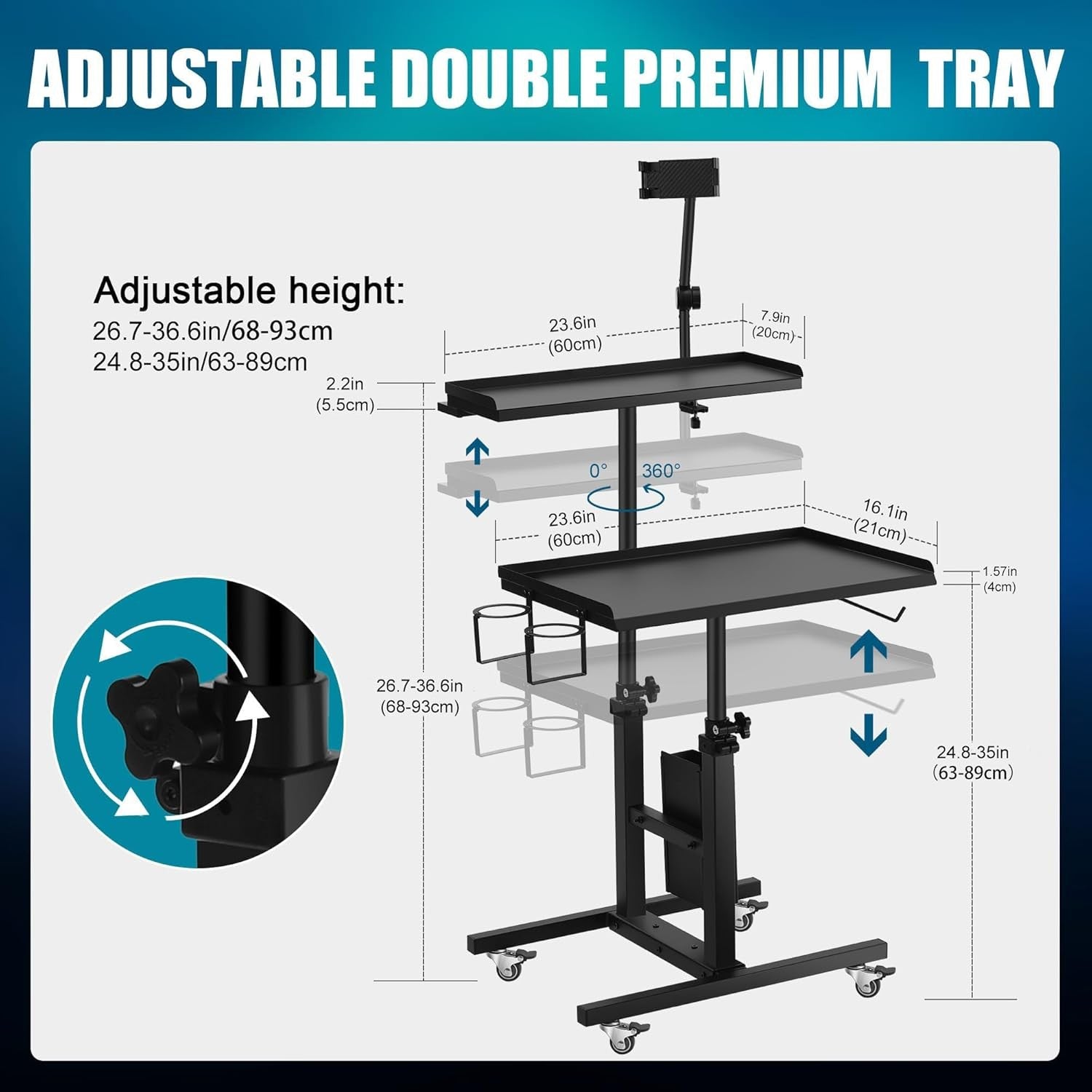 Double Tier Tattoo Tray Workstation Adjustable Rolling Cart with Wheels