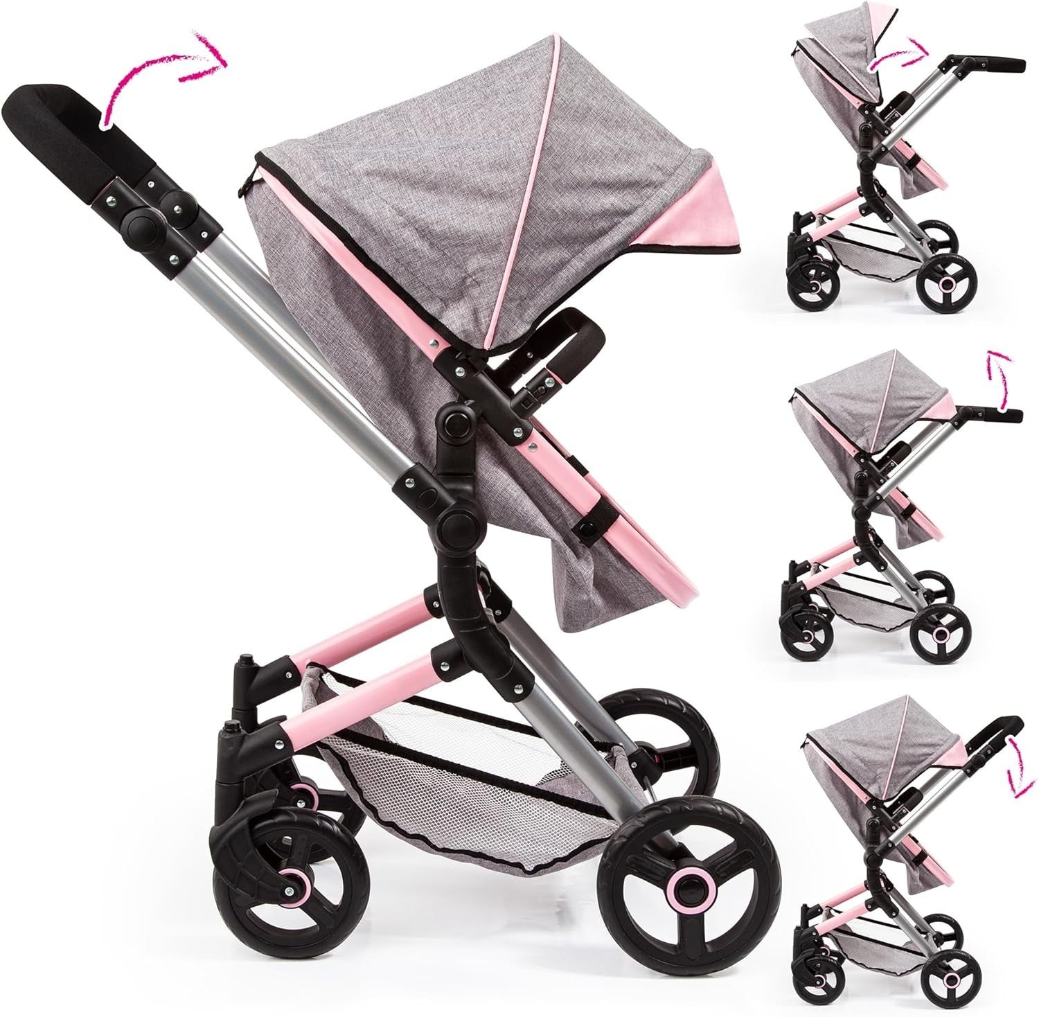 Convertible Doll Pram Stroller Foldable Adjustable Handle with Bag Butterfly
