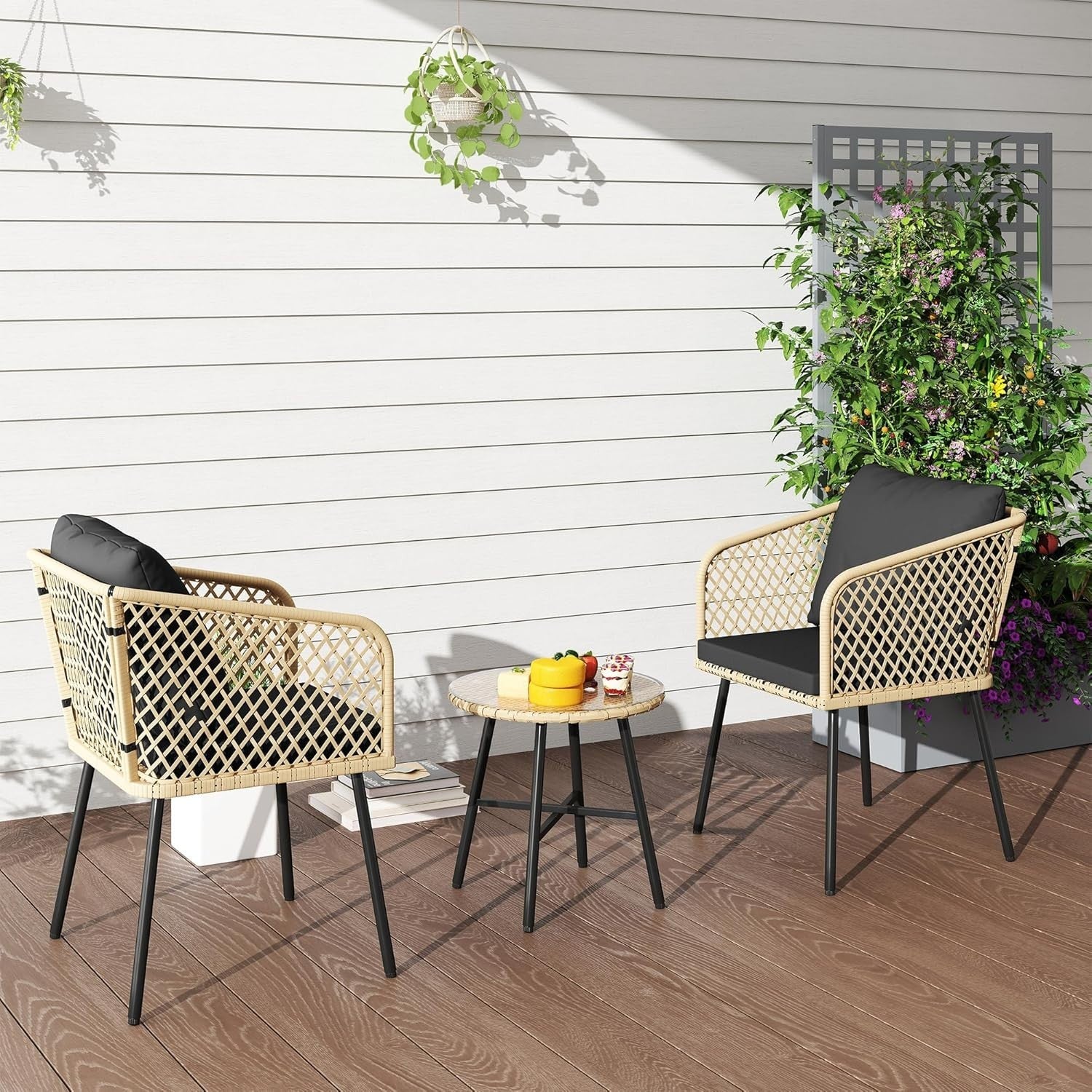 3 Piece Rattan Bistro Set Patio Chairs with Glass Table Balcony Seating