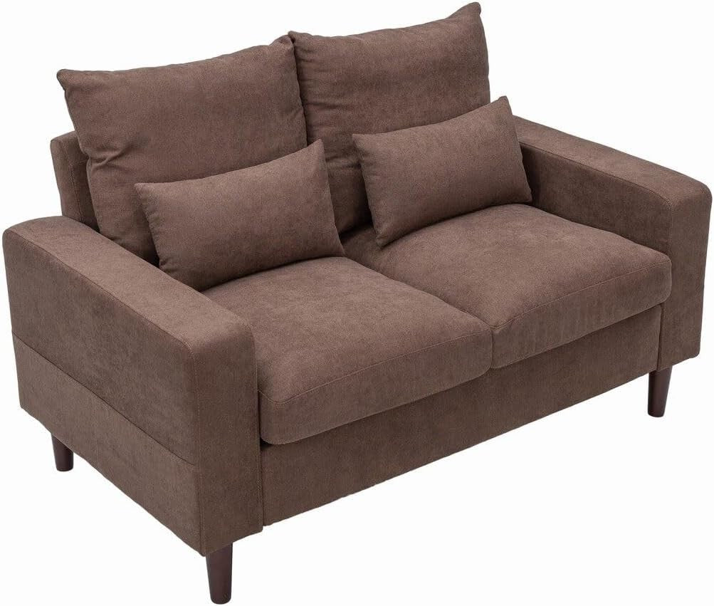 2 Seater Sofa Brown Linen Fabric Small Couch Modern Solid Wood Legs + Cushions