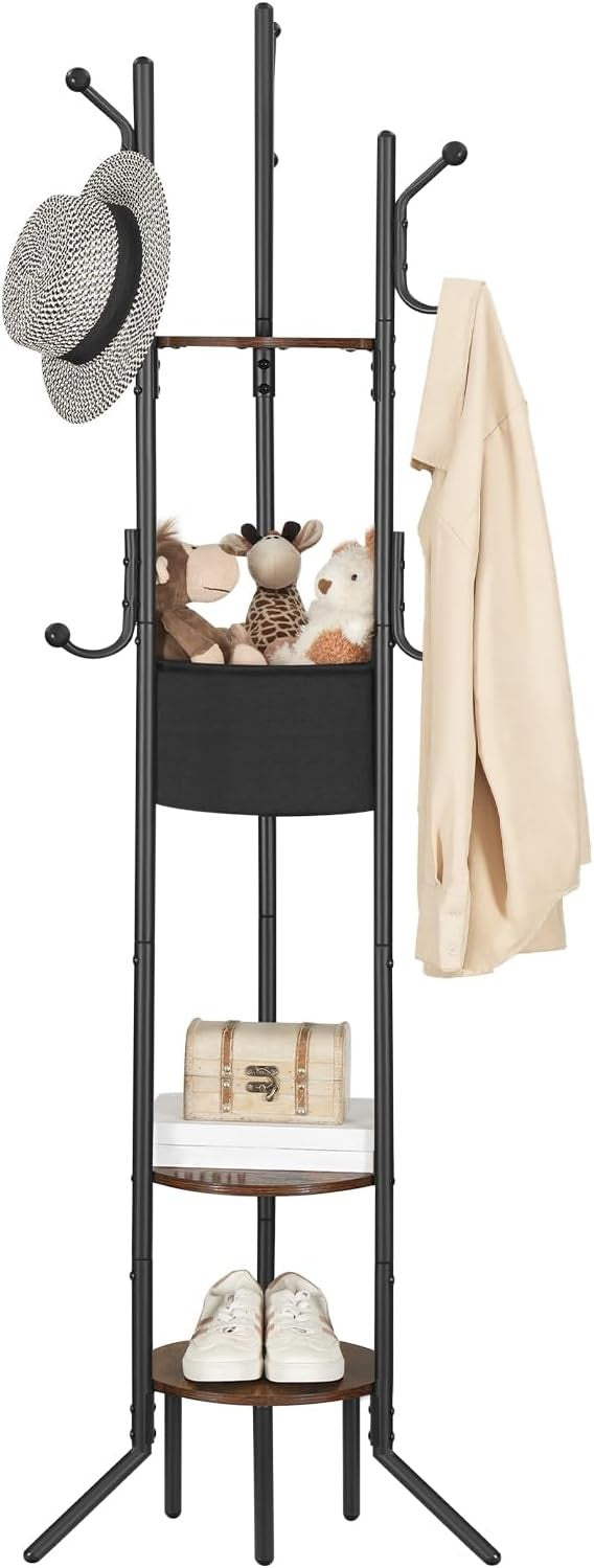 Rustic Brown Black Coat Rack with Shelves | Freestanding Hall Tree Organizer Sta