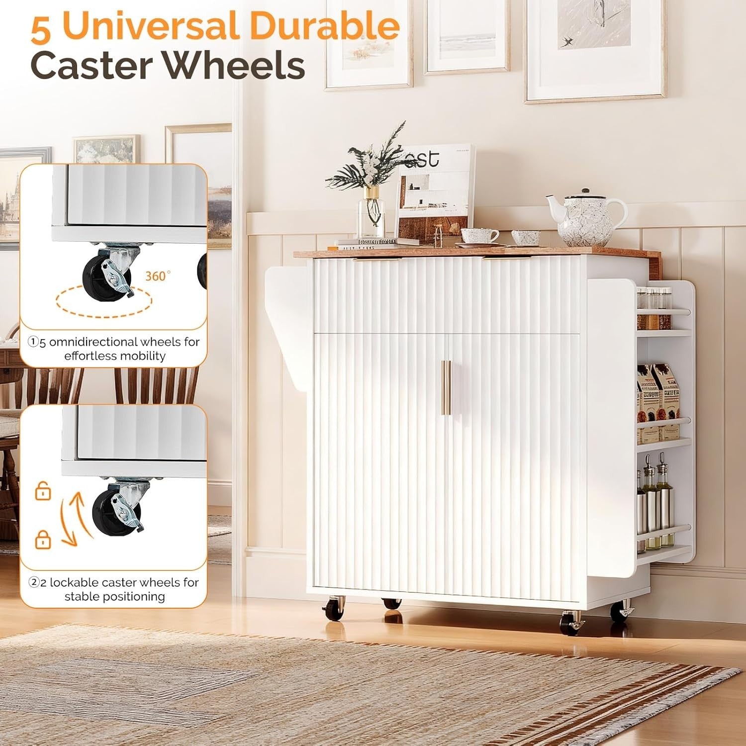 80cm White Rolling Kitchen Island Folding Table Storage Cart