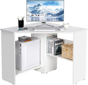 White Corner Computer Desk with Shelves & Cable Holes, Space-Saving 120cm