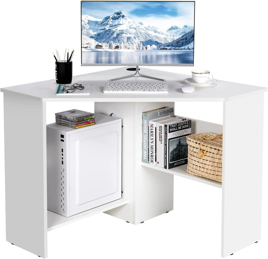 White Corner Computer Desk with Shelves & Cable Holes, Space-Saving 120cm