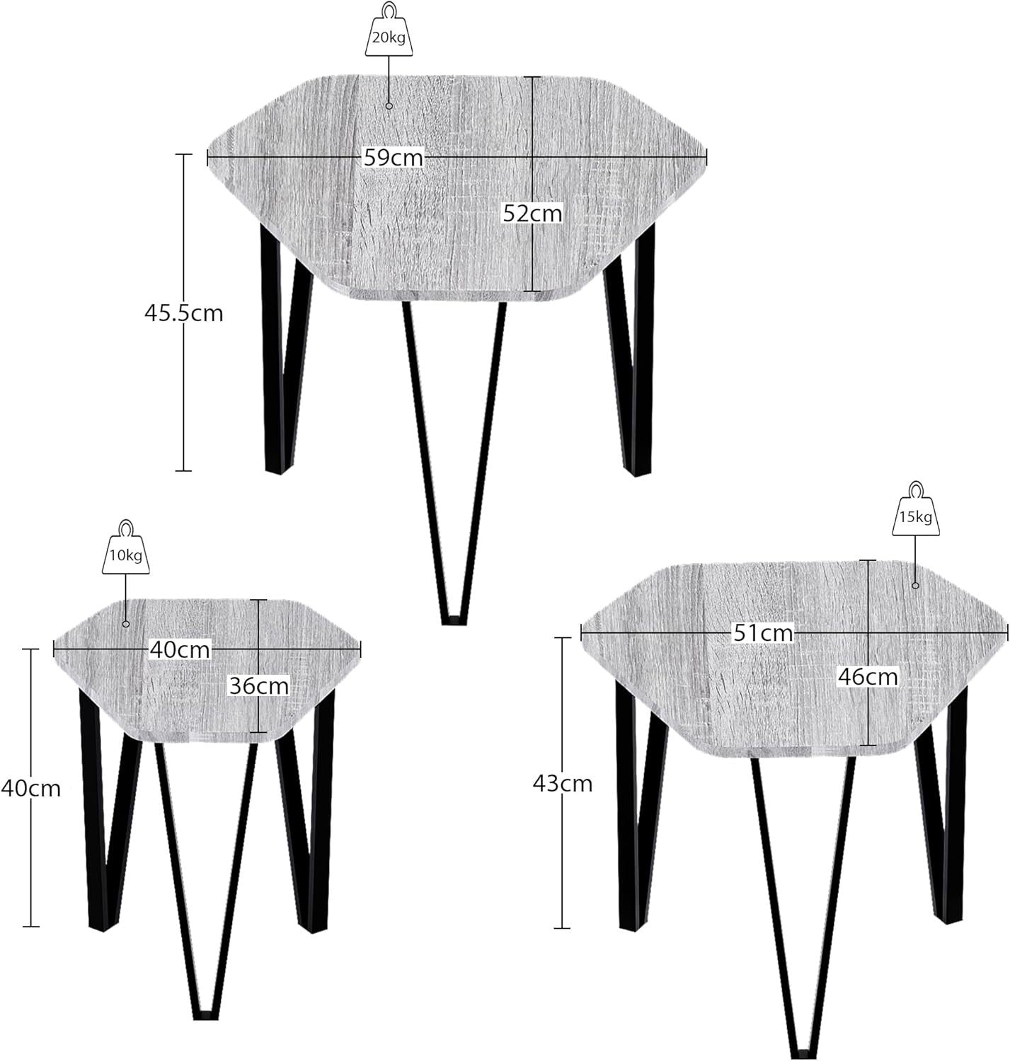3 Nesting Coffee Tables Set of 3 Industrial Hexagonal End Side Metal Wood Grey