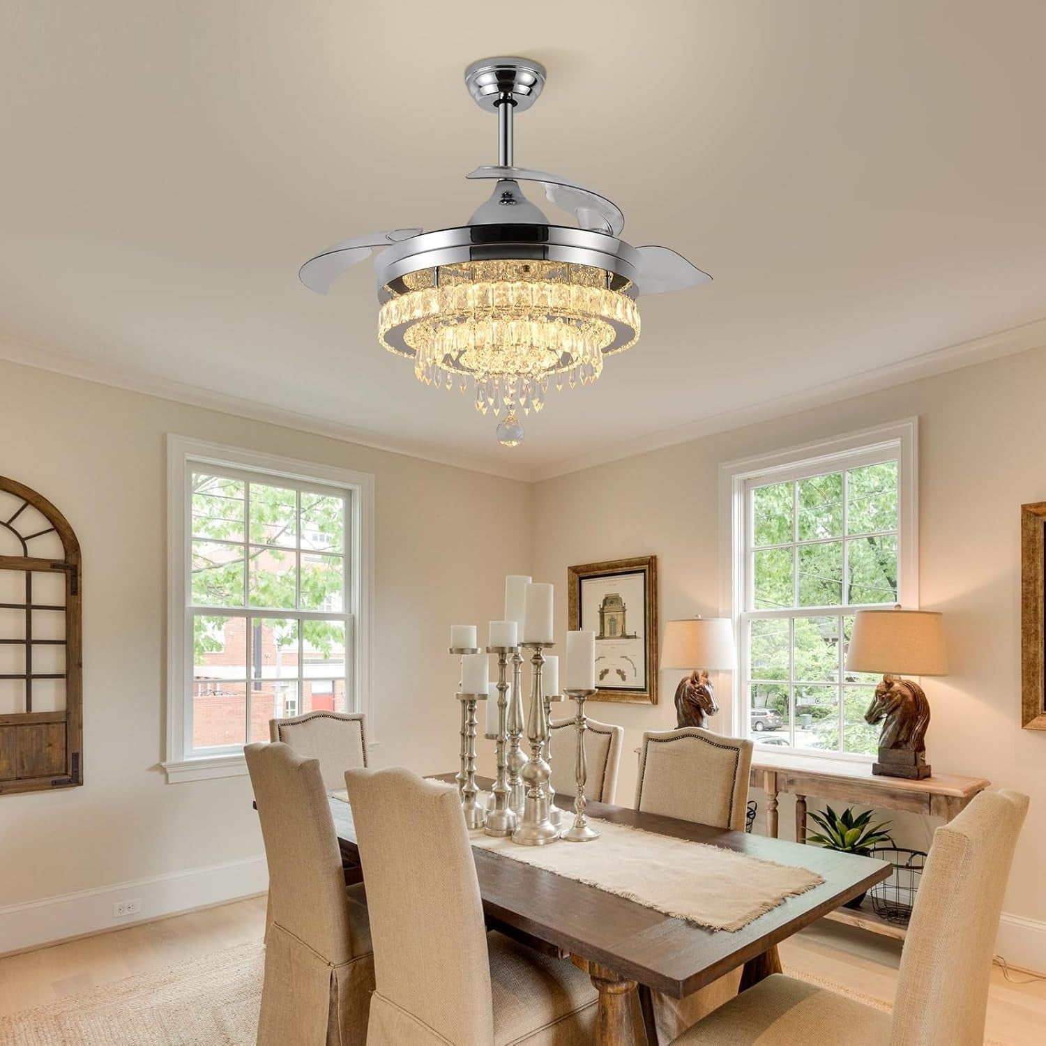 42" Crystal Ceiling Fan with Light Dimmable Remote Black