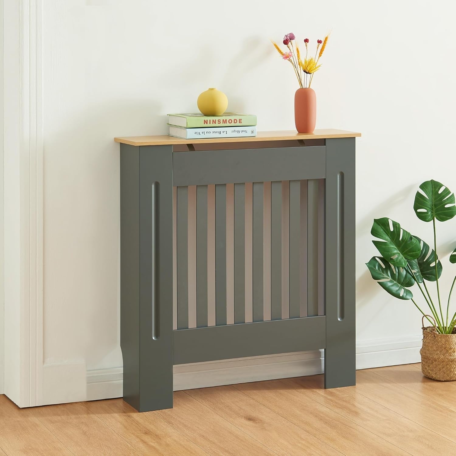 Modern Grey Radiator Cover Small Slatted Wood Cabinet 78cm Heating Cover