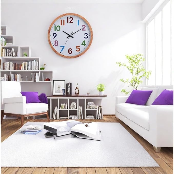 Large Colour Number Wall Clock Wood Grain Silent Non-Ticking Modern Home Decor
