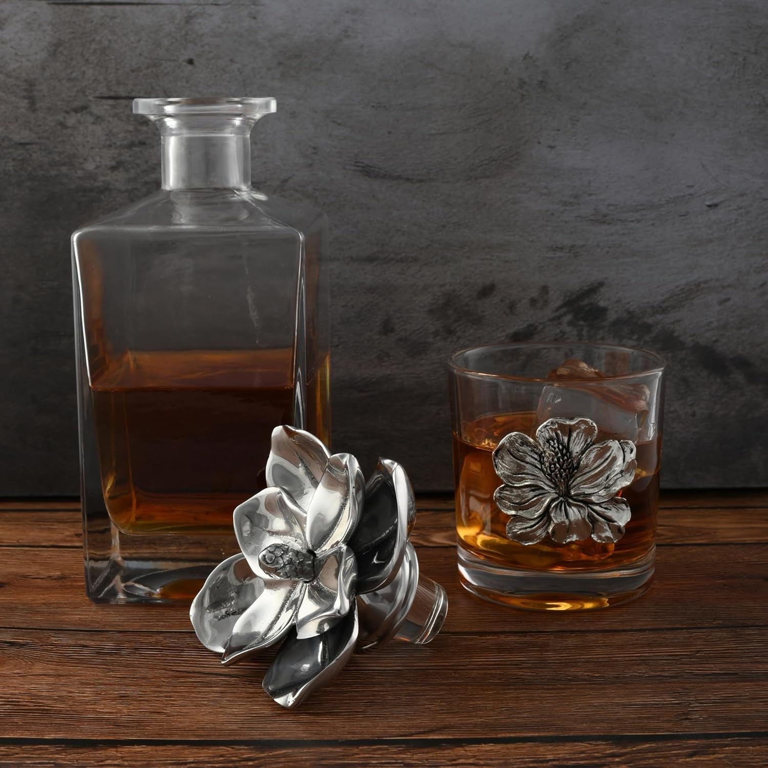Luxury Magnolia Decanter Set 750ml with Floral Whiskey Glasses | Elegant Bar Gif