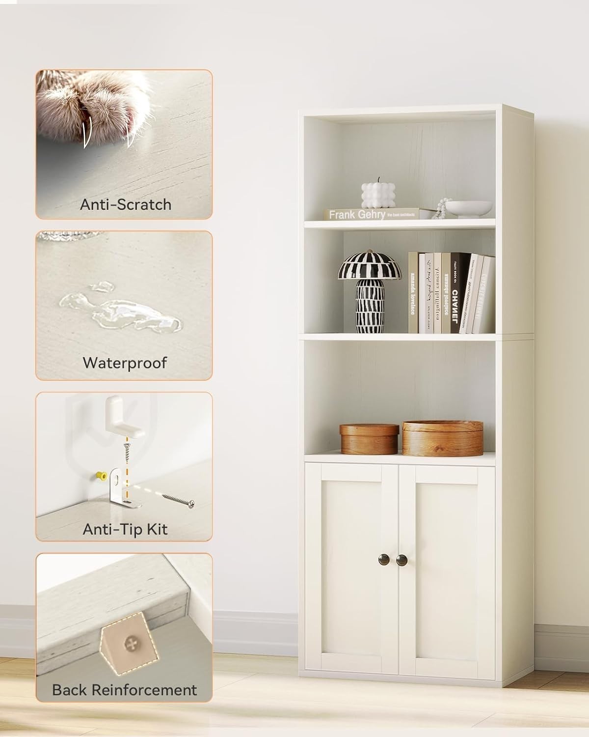 5 Tier White Bookcase Doors Tall Storage Cabinet Shelf Home Bookshef Display