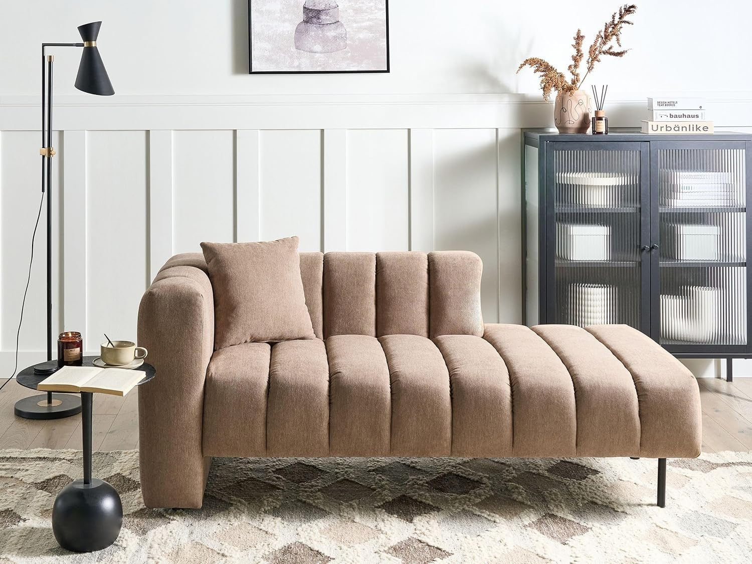 Modern Left Hand Chaise Lounge Fabric Upholstery with Cushion Brown Black Legs