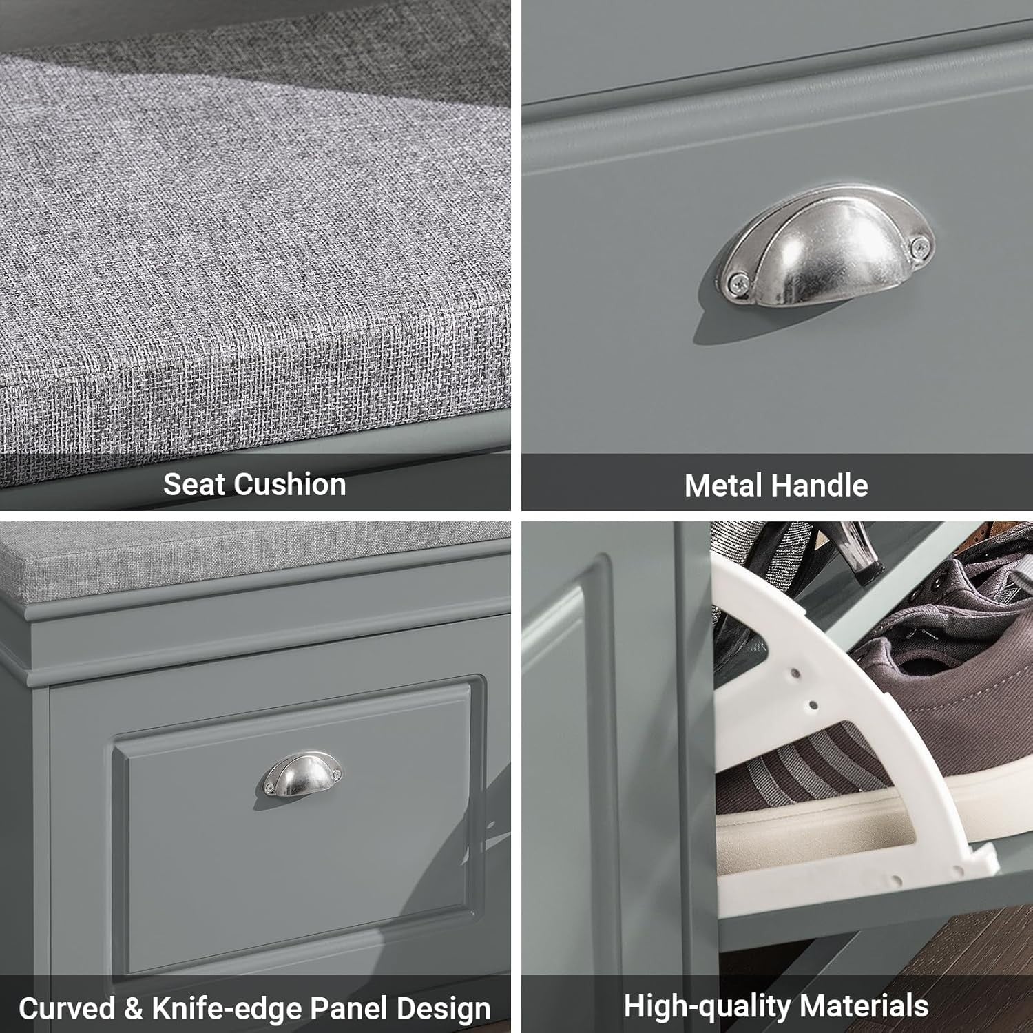 Modern Shoe Storage Bench with Cushion & 2 Flip-Drawers – Compact Grey Organizer