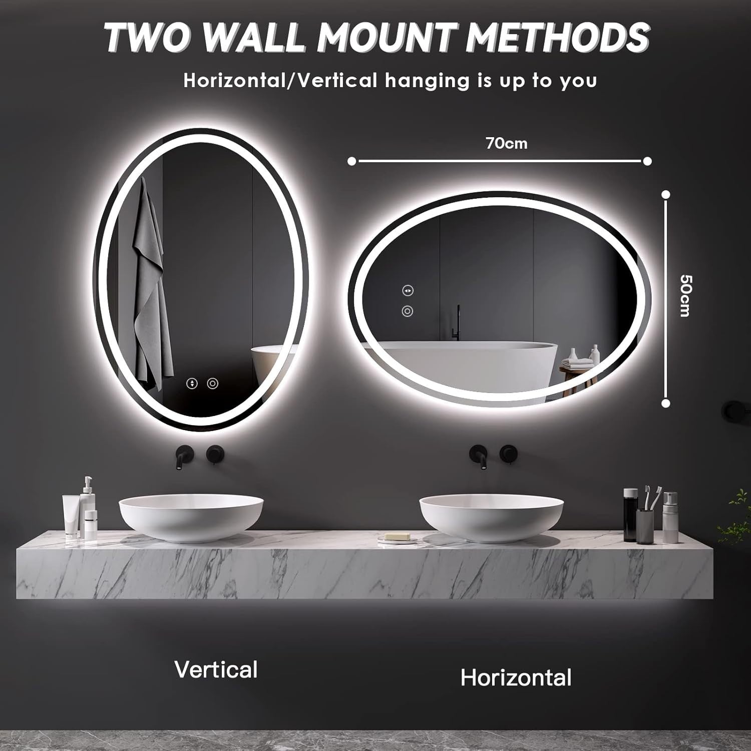 Oval LED Bathroom Mirror 70x50 cm, Anti-Fog, Dimmable 3-Color Light