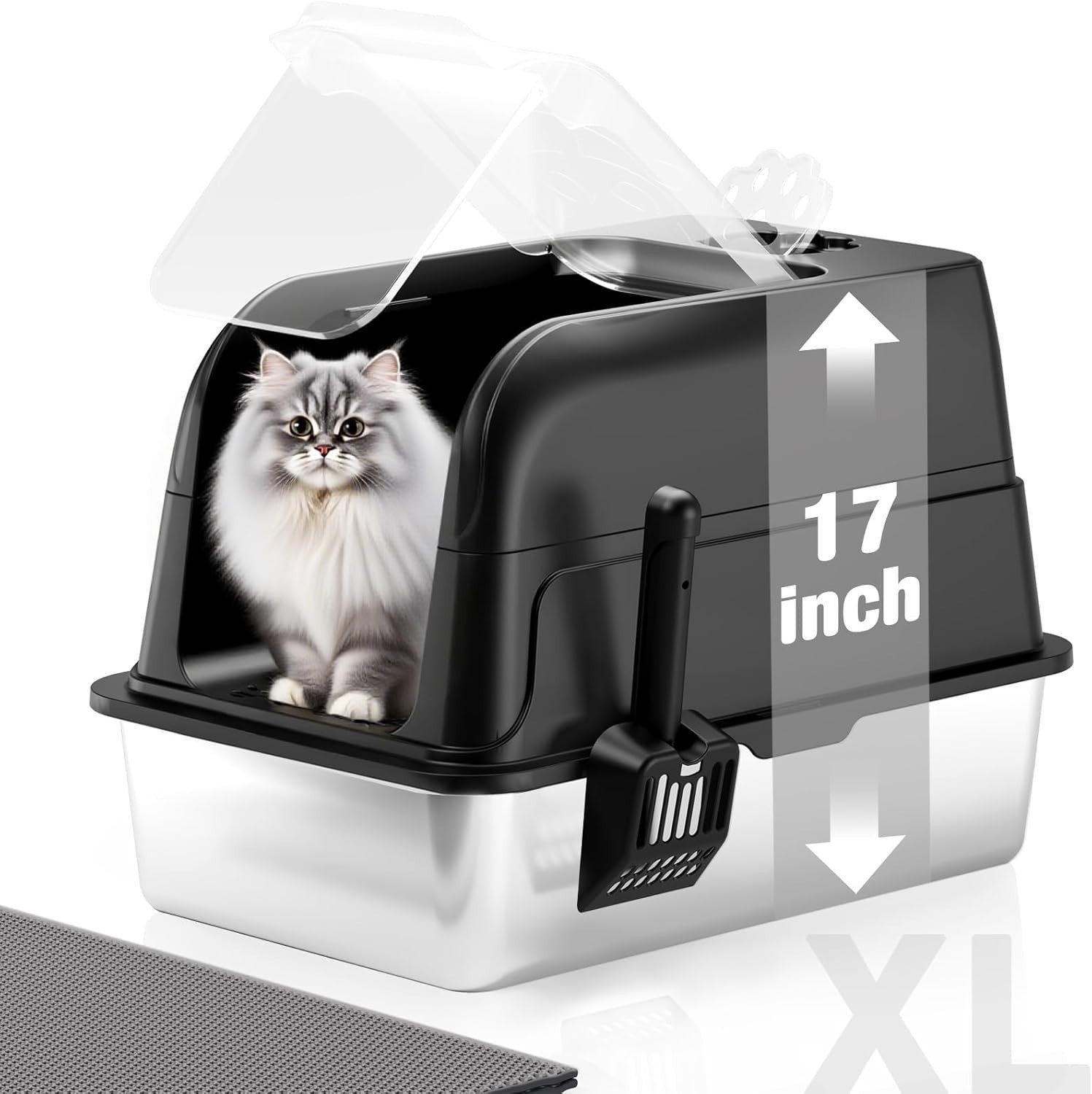 XL Stainless Steel Cat Litter Box Clear Lid High Sided Enclosed Tray