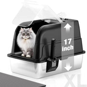 XL Stainless Steel Cat Litter Box Clear Lid High Sided Enclosed Tray