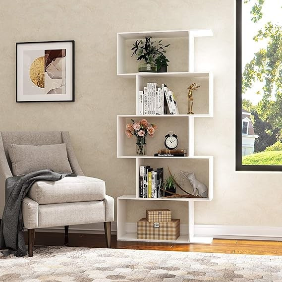 White 5-Tier S-Shaped Geometric Bookshelf Modern Display Storage Unit