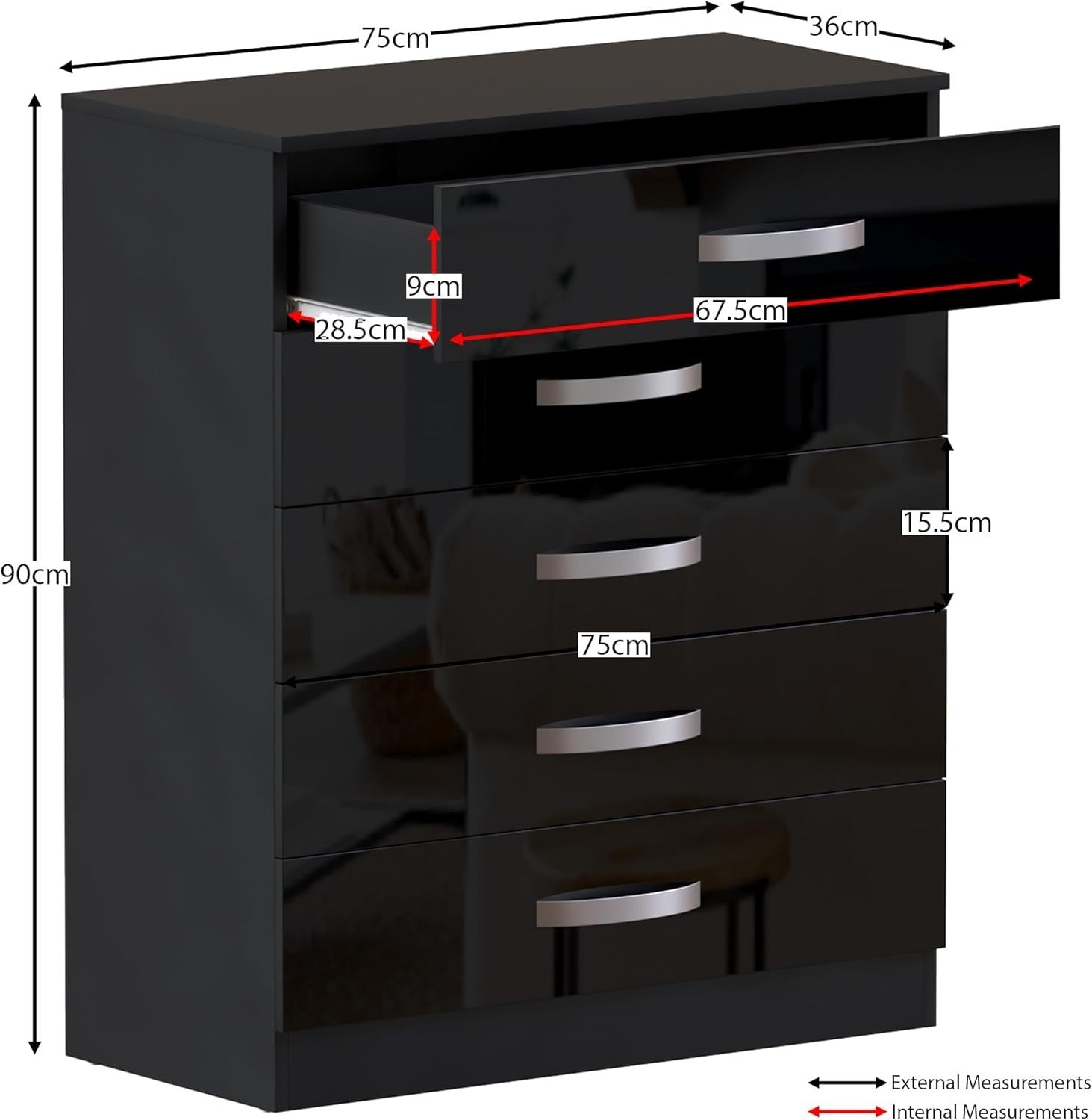 High Gloss 5 Drawer Chest Black Storage Cabinet with Smooth Glide Drawers