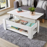 Lift Top Coffee Table White 100x50cm with Hidden Storage & Shelf Modern