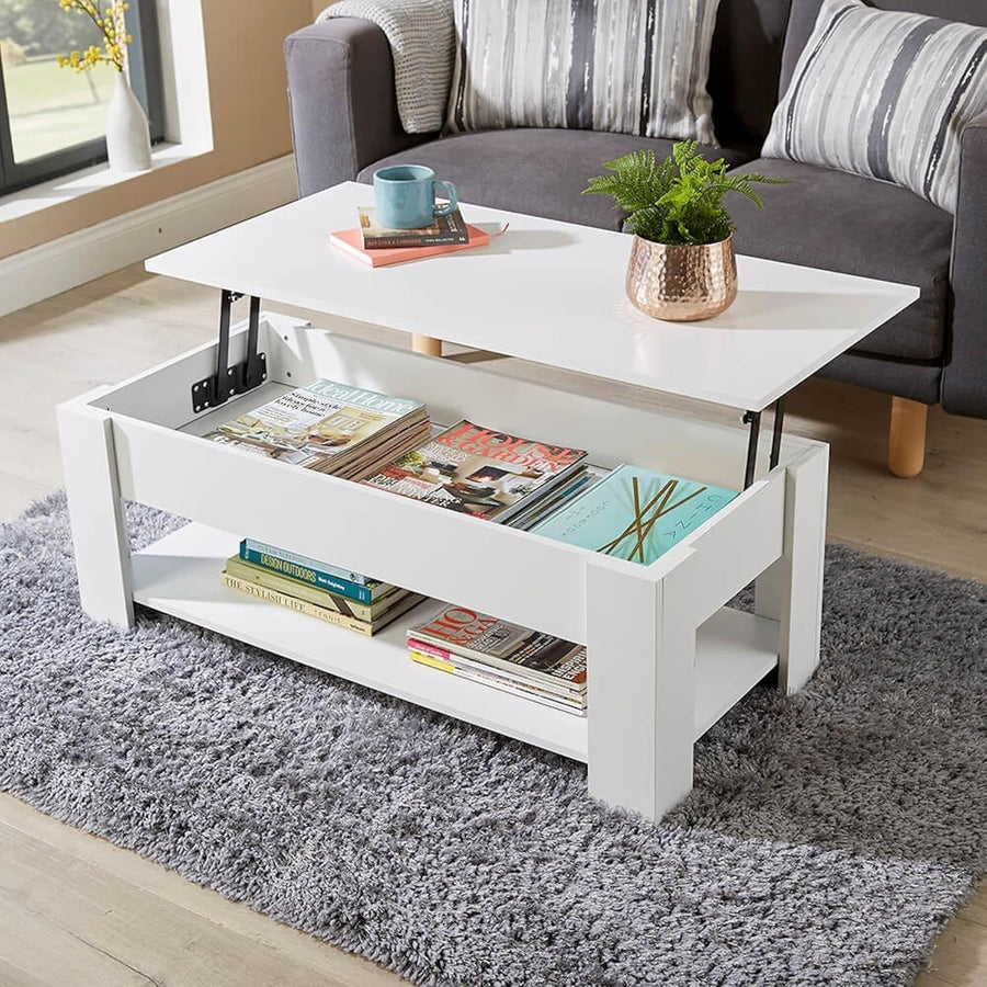 Lift Top Coffee Table White 100x50cm with Hidden Storage & Shelf Modern