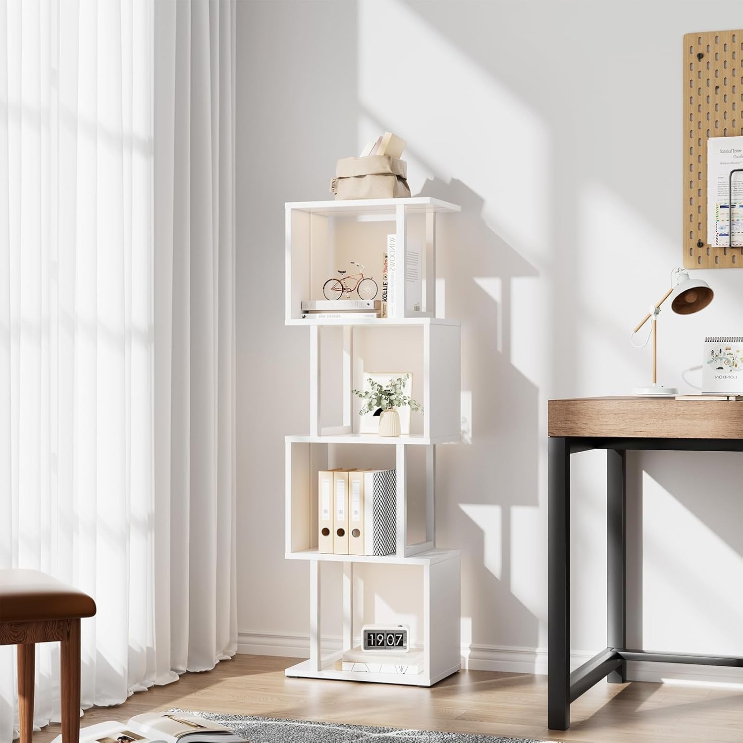 5-Tier S-Shaped Bookcase White Display Shelf with LED Lights Modern Storage Unit