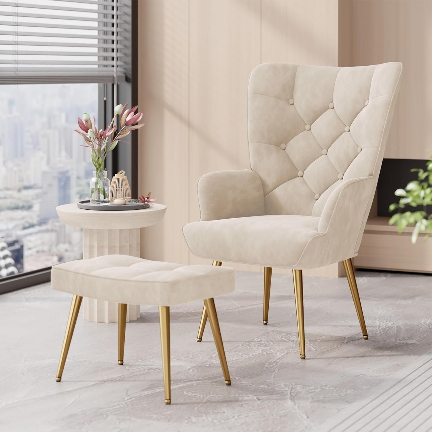 Beige Velvet Wing Back Armchair with Footstool Gold Legs Relaxation Seat