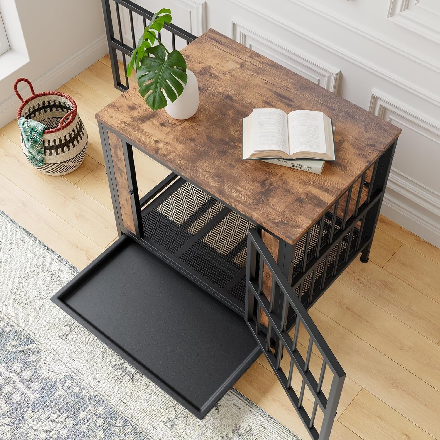 Heavy Duty Chew-Resistant Dog Crate Furniture with Double Doors & Tray