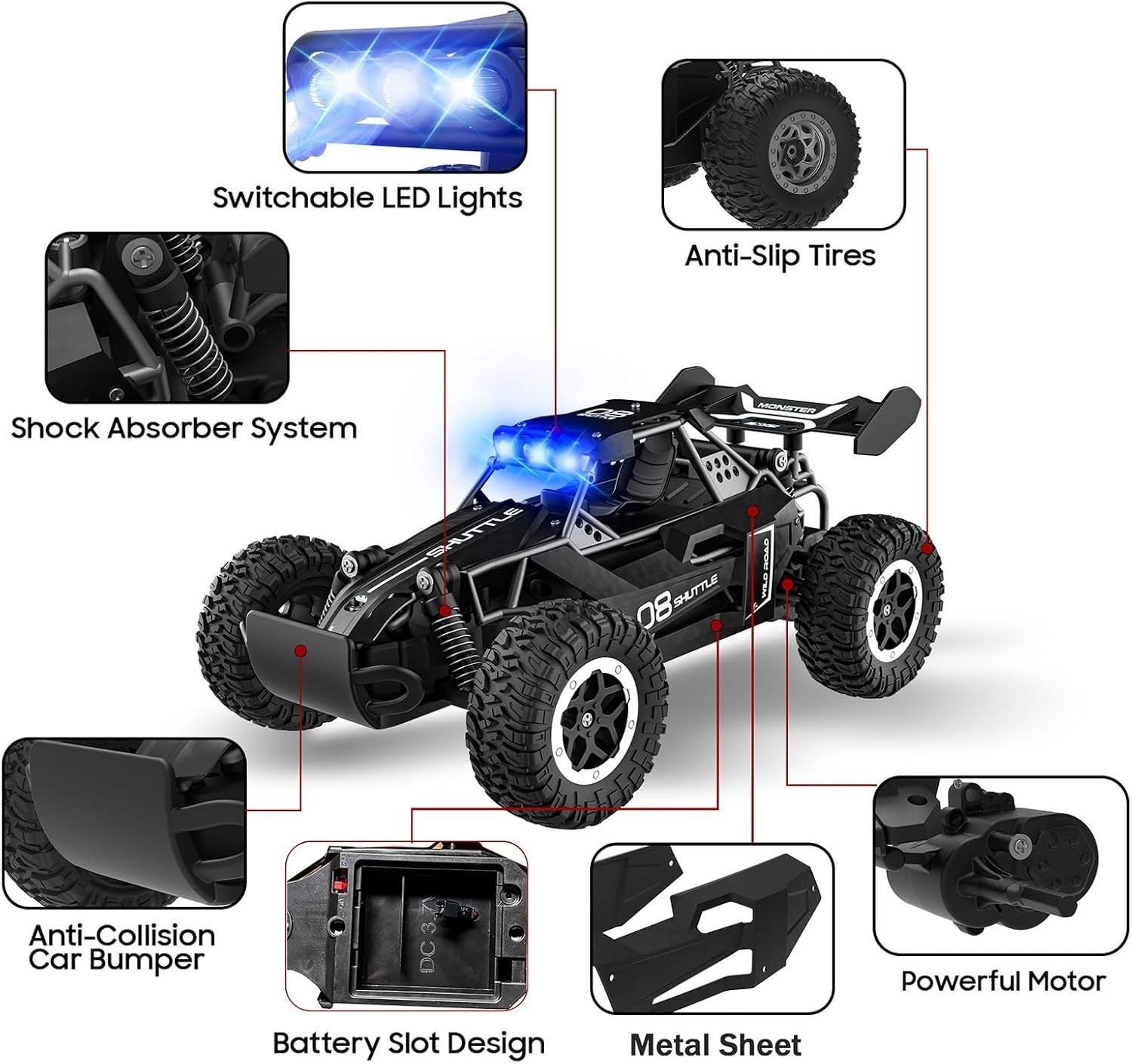 High-Speed 2WD RC Car for Kids with LED Lights & 2 Batteries – Black