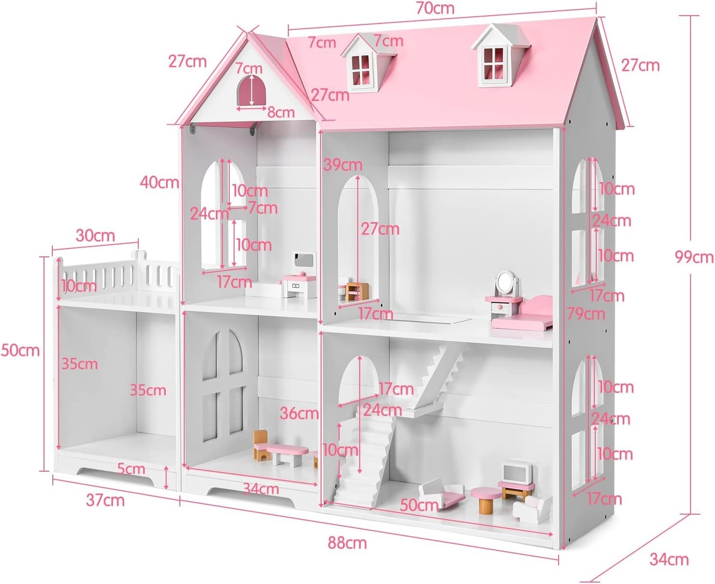 2in1 Kids Dollhouse Wooden Bookcase 2-Storey Playset w/ 14 Furniture Pink