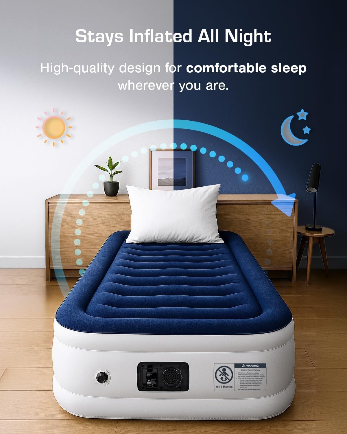 Luxury Single Air Bed Built-In Electric Pump Flocked Mattress Fast Inflate
