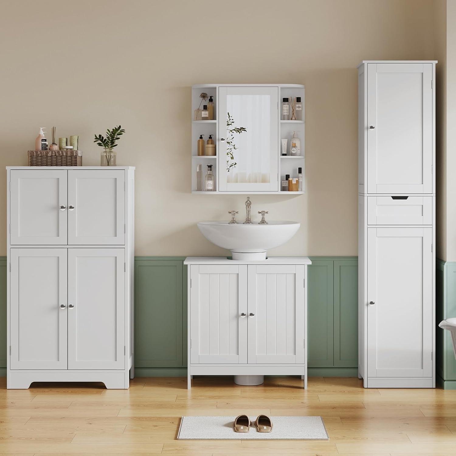 White Under Sink Bathroom Cabinet – 2 Door Vanity Unit with Shelf Storage