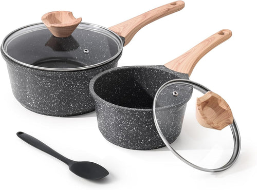 2Pcs Granite Non Stick Saucepan Set with Lids, 16cm & 20cm, Induction Compatible