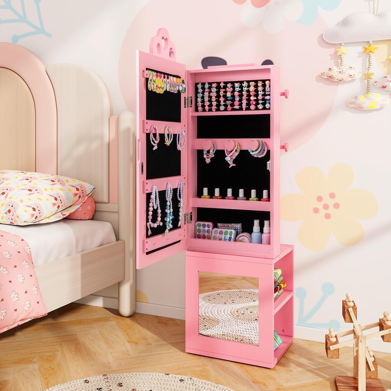 Kids Jewelry Armoire Mirror Vanity Dress Up Organizer with Clothes Rack
