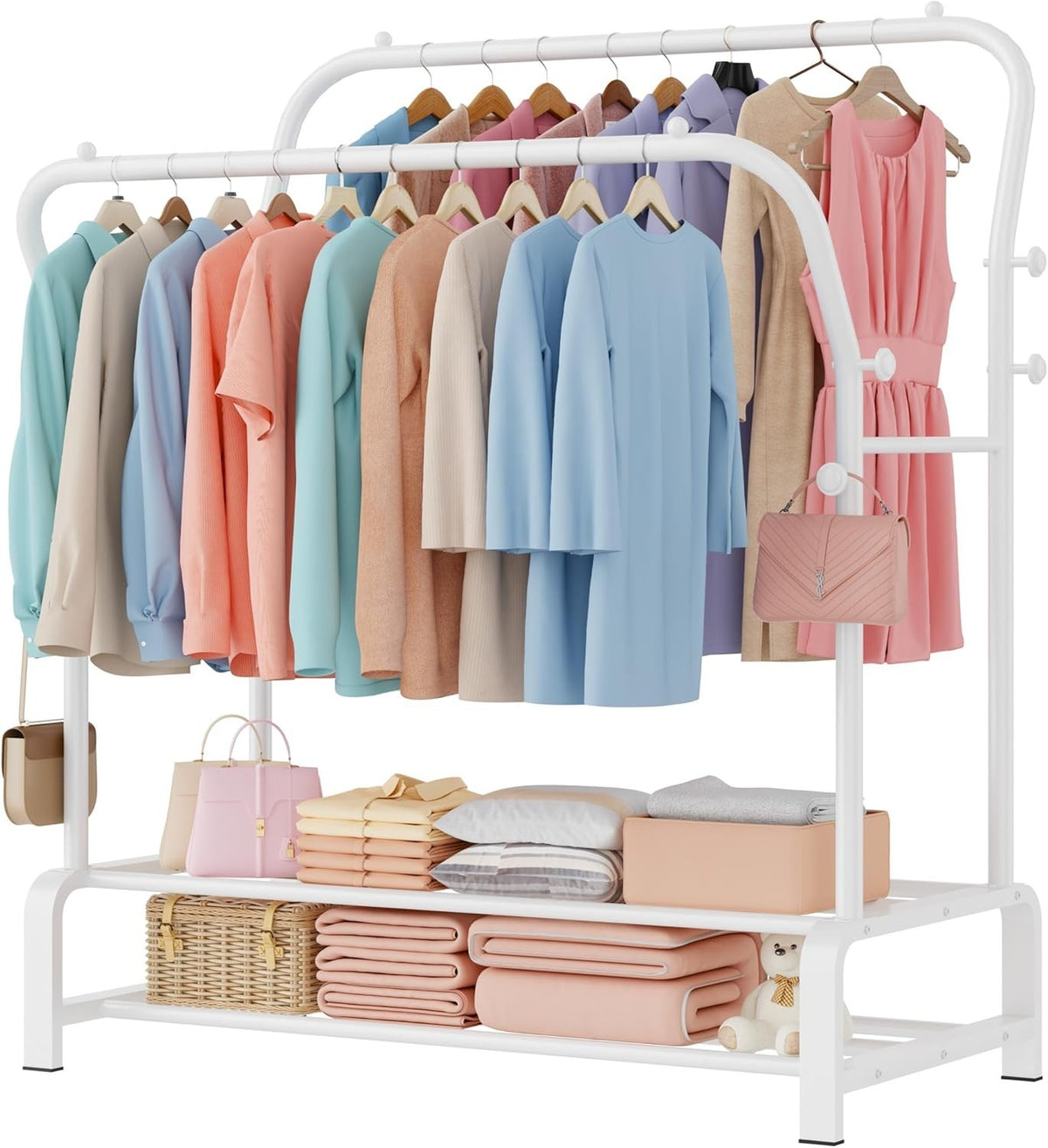 Heavy Duty Double Clothes Rail with Shelf & Hooks – White