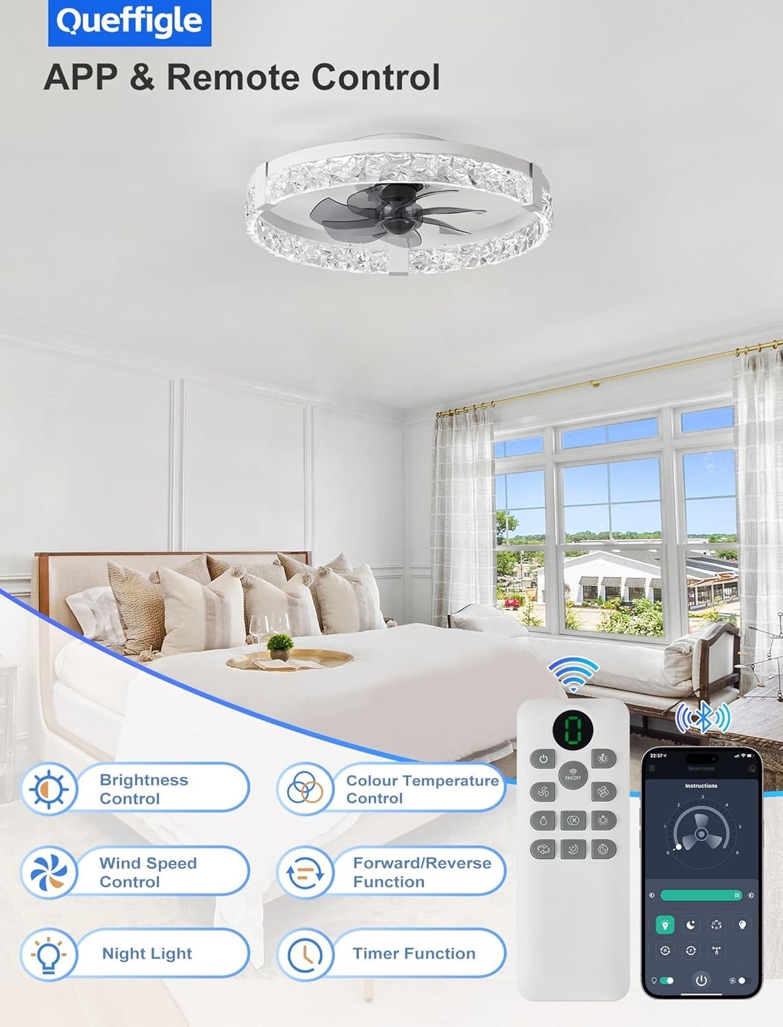 20" Ceiling Fan with Lights, 6 Speeds, Dimmable LED, Remote & App