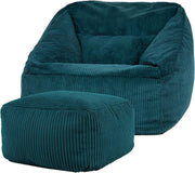 Teal Cord Bean Bag Chair with Footstool Lounge Armchair Seat Filled