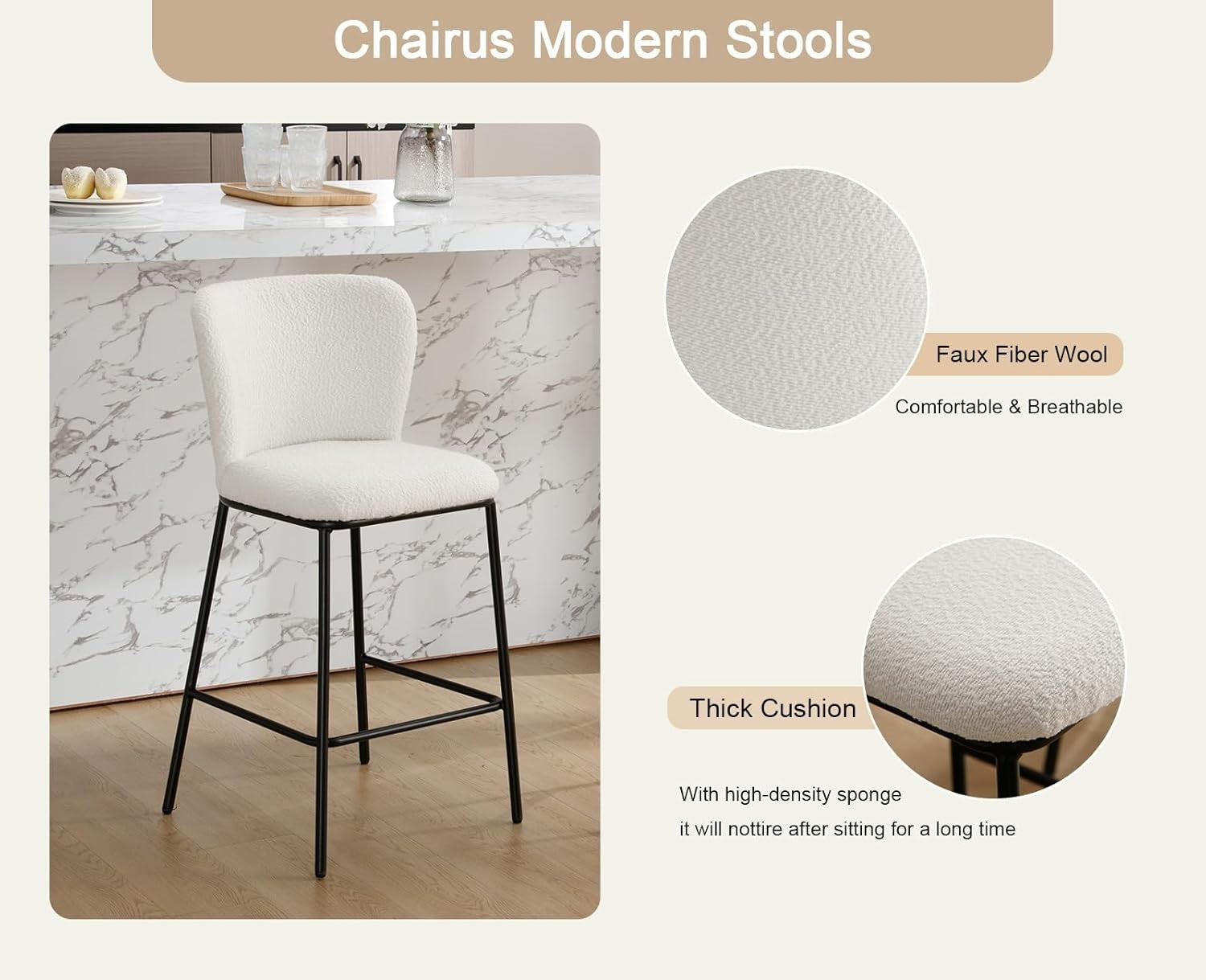 White Faux Fur Bar Stool Set 2 – Upholstered High Counter Kitchen island Chairs