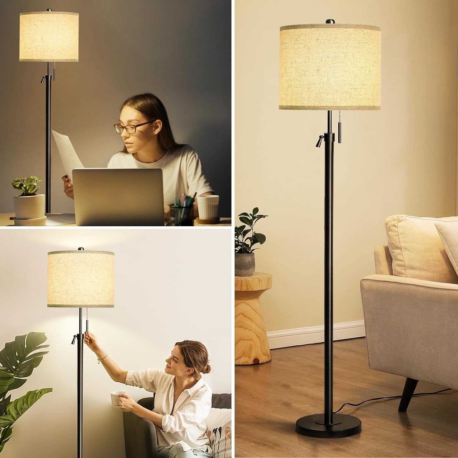 Adjustable Black Floor Lamp with Lampshade, 3 Color Temps & Remote