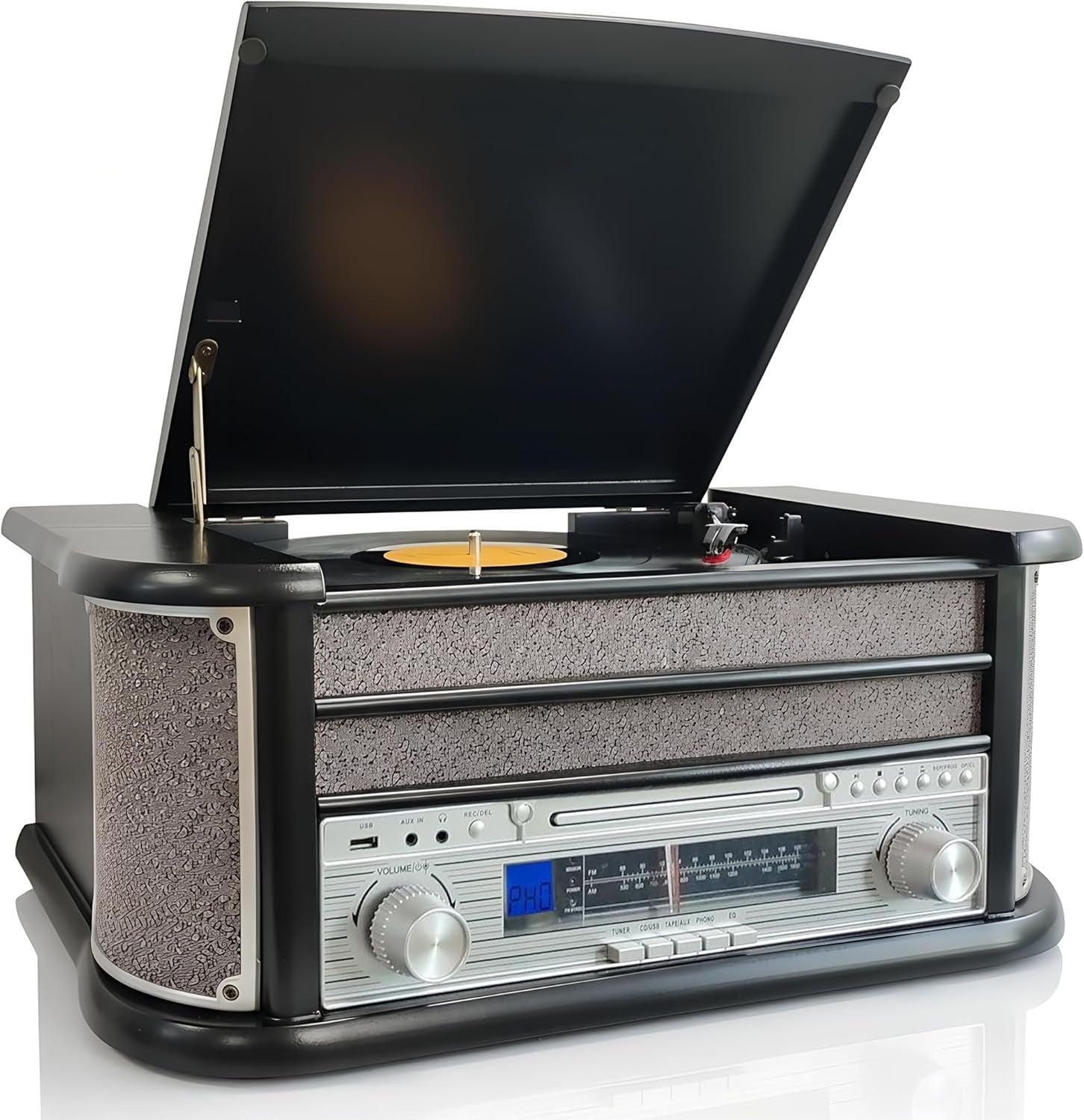 8-in-1 Retro Music System Vinyl CD Cassette Player Bluetooth Radio USB MP3