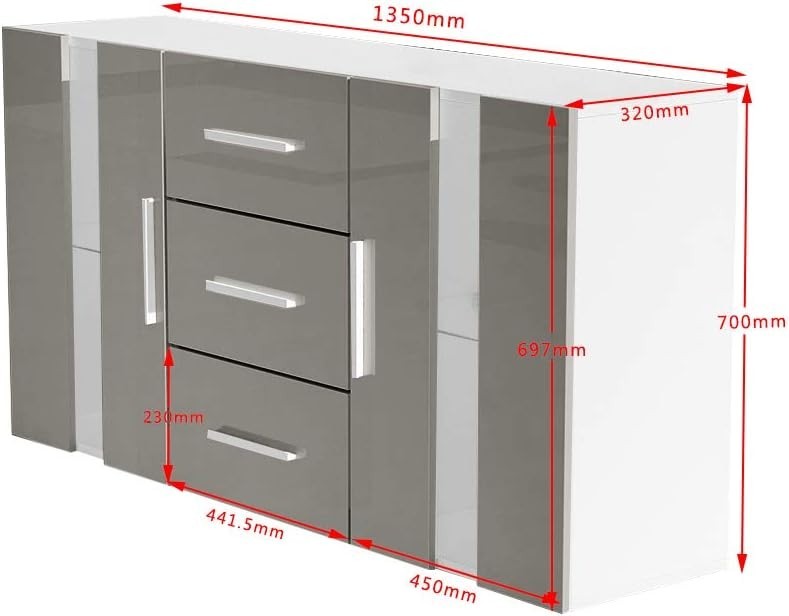 Modern Grey RGB LED Sideboard Cabinet 2 Doors 3 Drawers Storage Unit