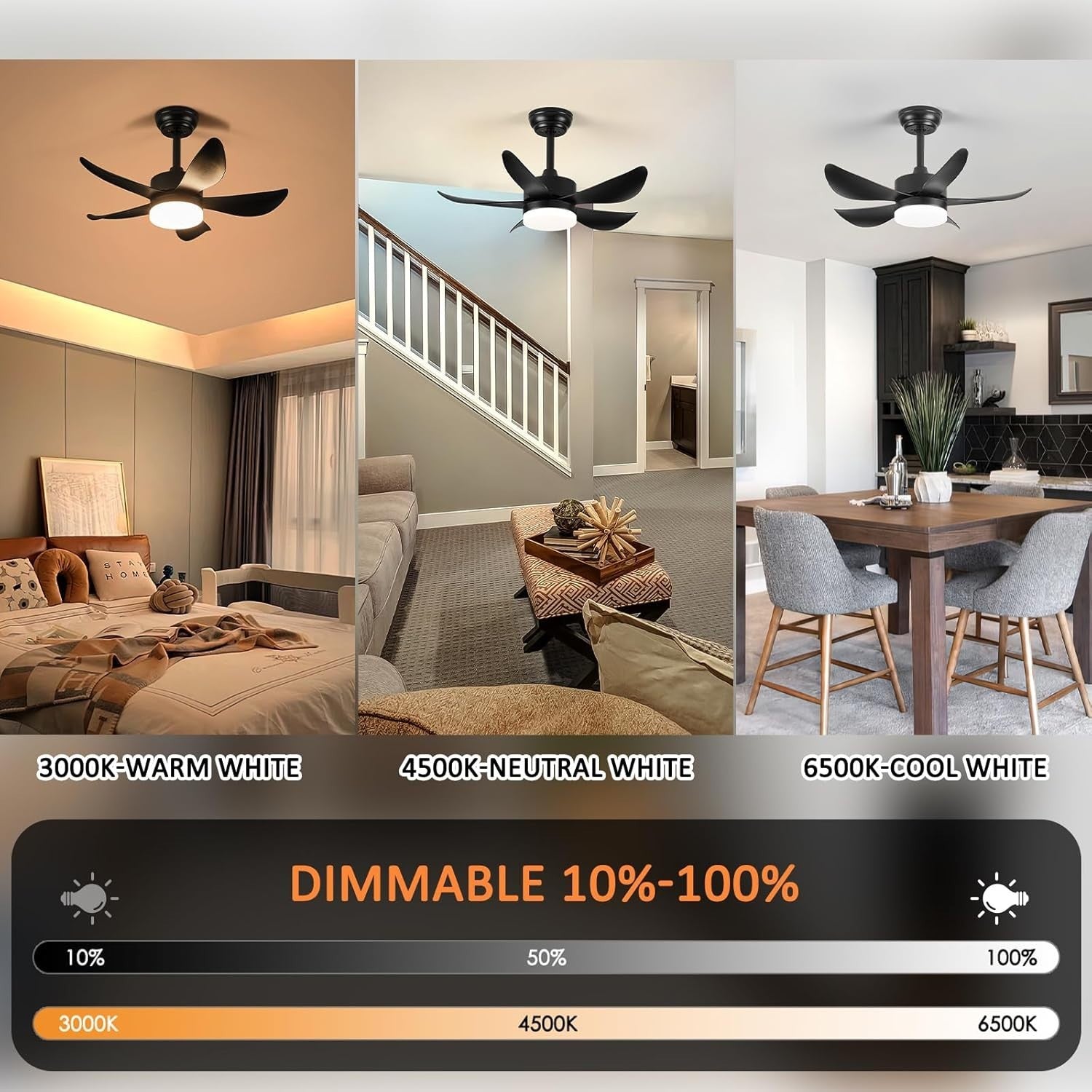 30" Black Ceiling Fan Light, 6 Speeds, Dimmable, Reversible, Quiet Smart Fan