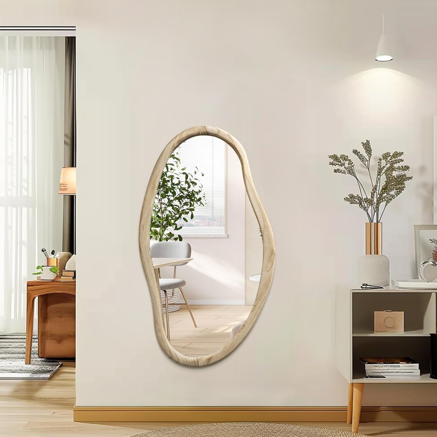 Irregular Wood Wall Mirror 85x55cm Asymmetrical Modern Bathroom Decor