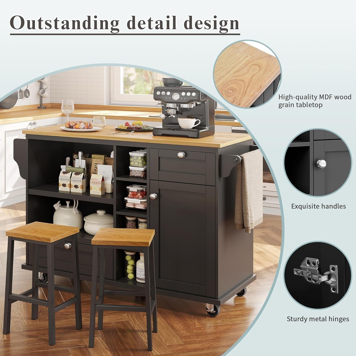 Black Kitchen Island Trolley Cart with Drawers & Storage Cupboards 129cm