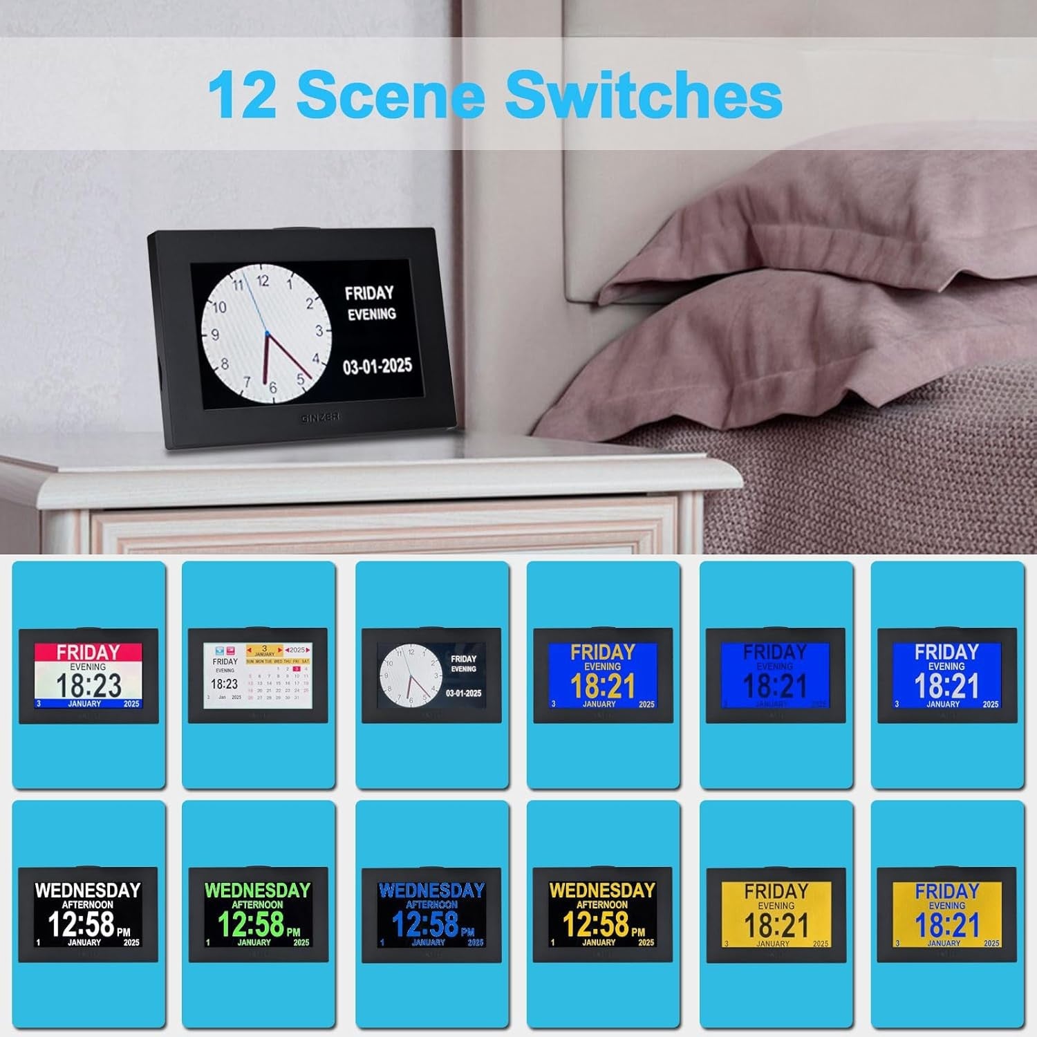 Large Dementia Alarm Clock 8” Touch Screen Talking Day Date Display