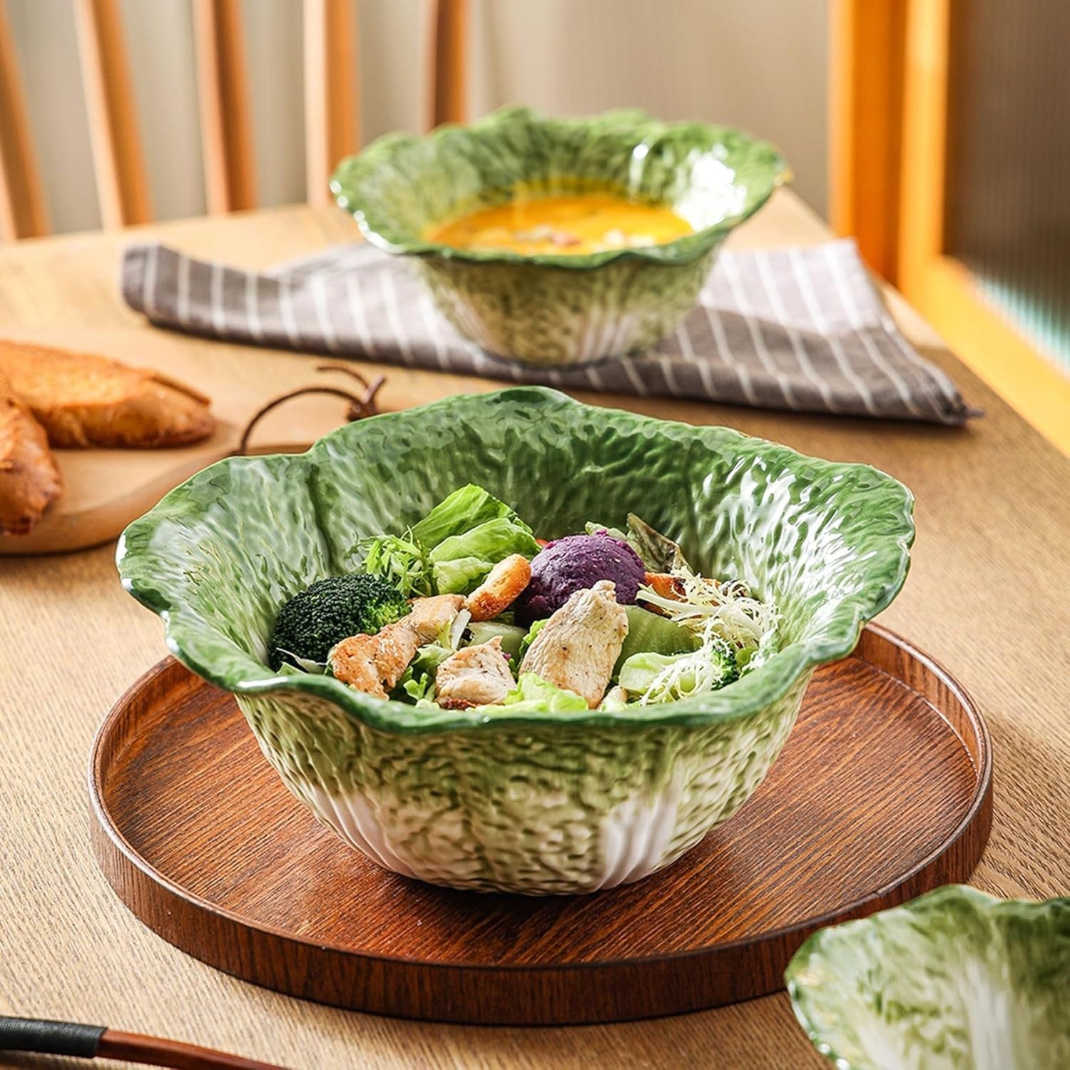 Green Ceramic Bok Choy Bowl Set 60oz 3-Piece Hand-Painted Kitchen