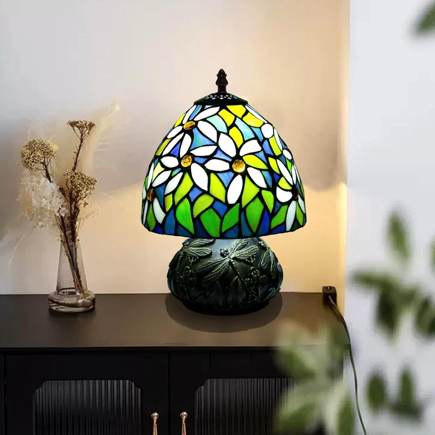 Small Tiffany Stained Glass Desk Lamp 8x8x11in 3 Color Temps White Flower