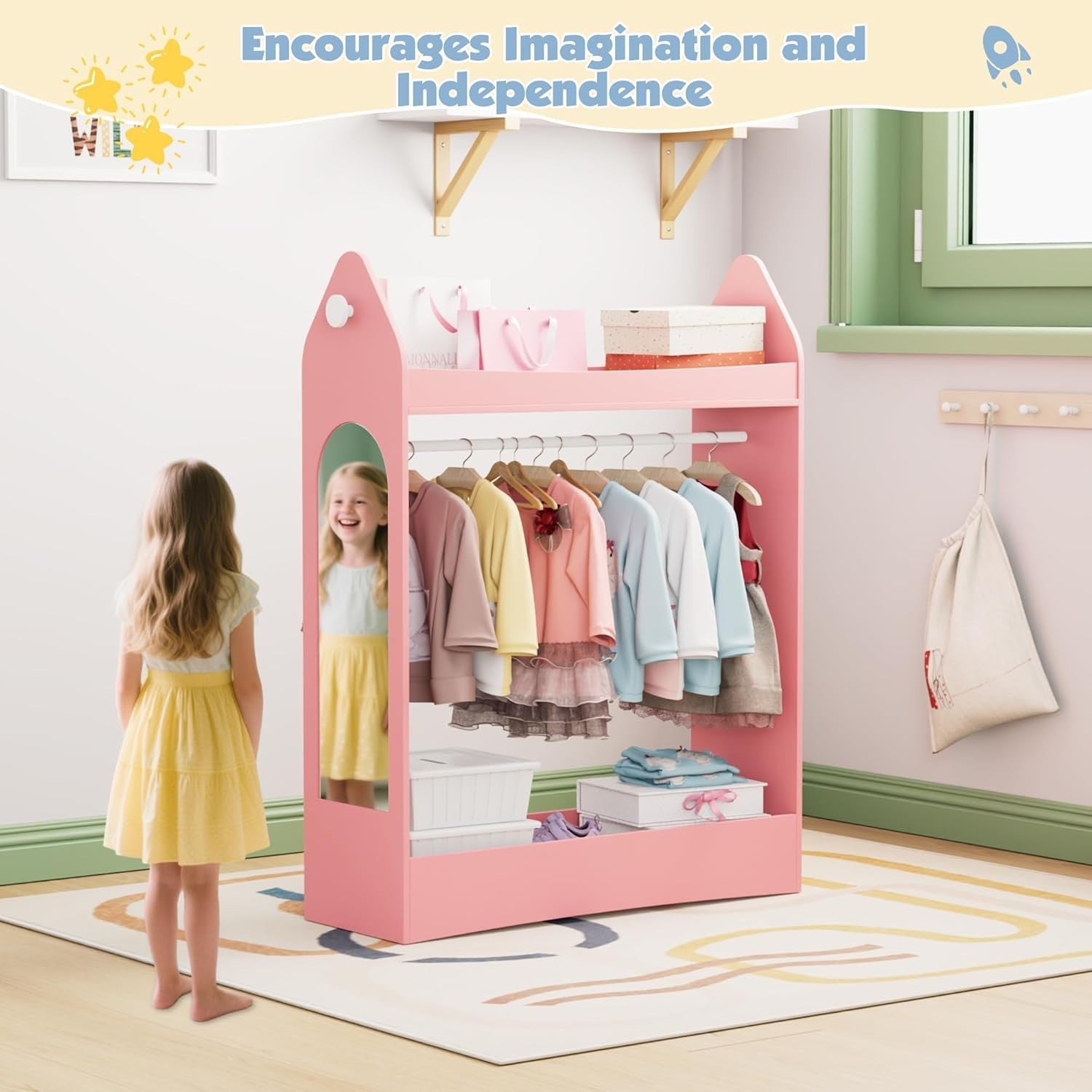Kids Wardrobe with Mirror & Hanging Rail, Open Storage, Pink Rocket Design