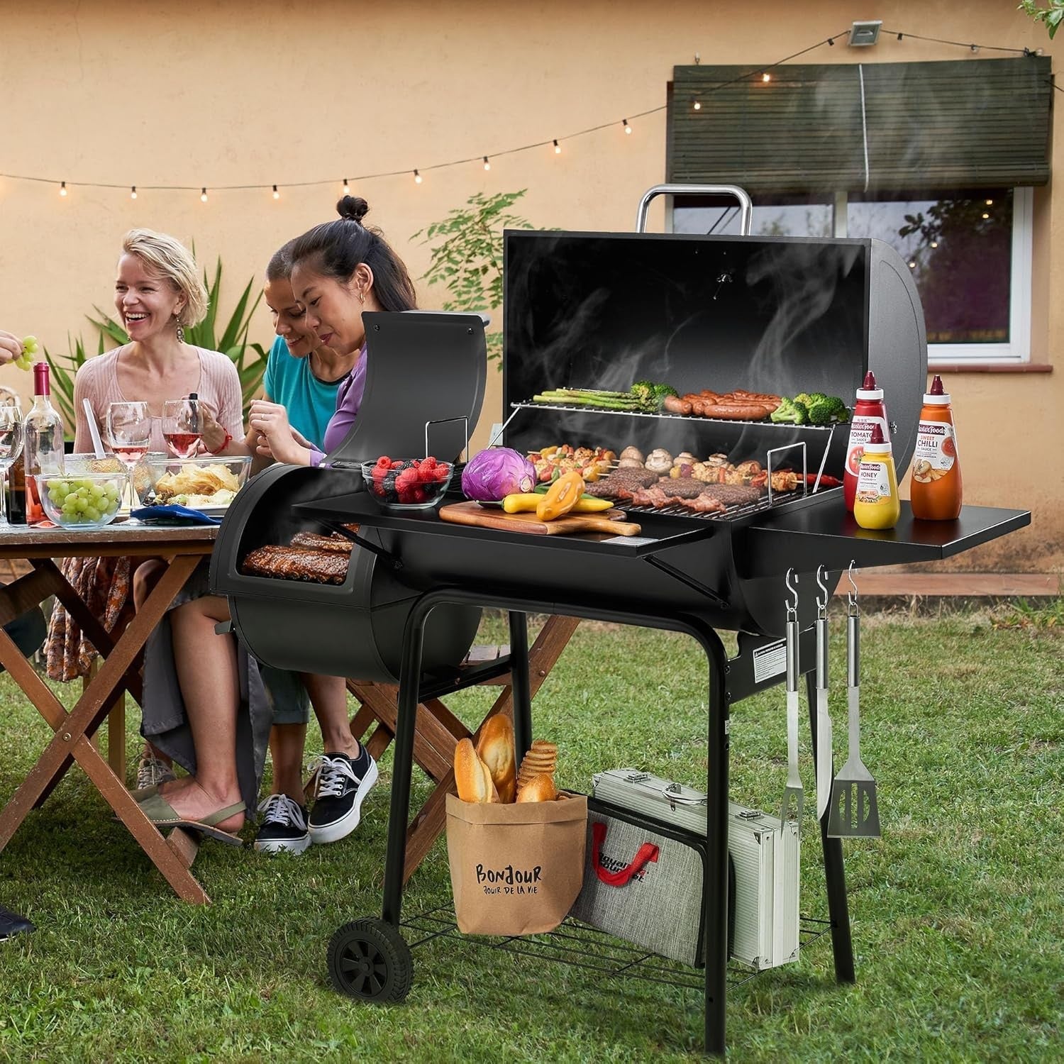 Large Charcoal BBQ Grill with Offset Smoker 30" Outdoor Barbecue Cooker