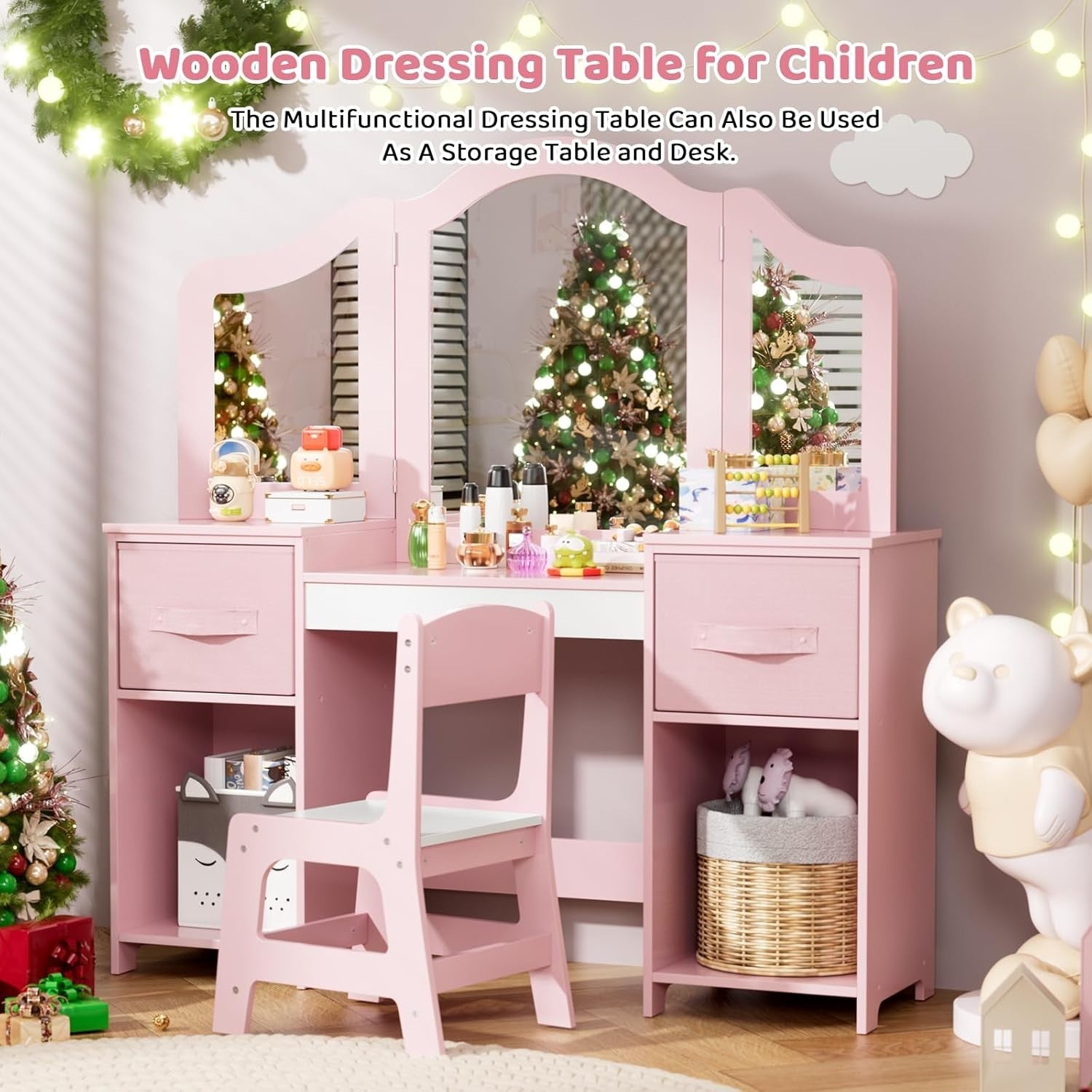 Kids Vanity Dressing Table Set with Tri-Fold Mirror, Stool & Storage Pink